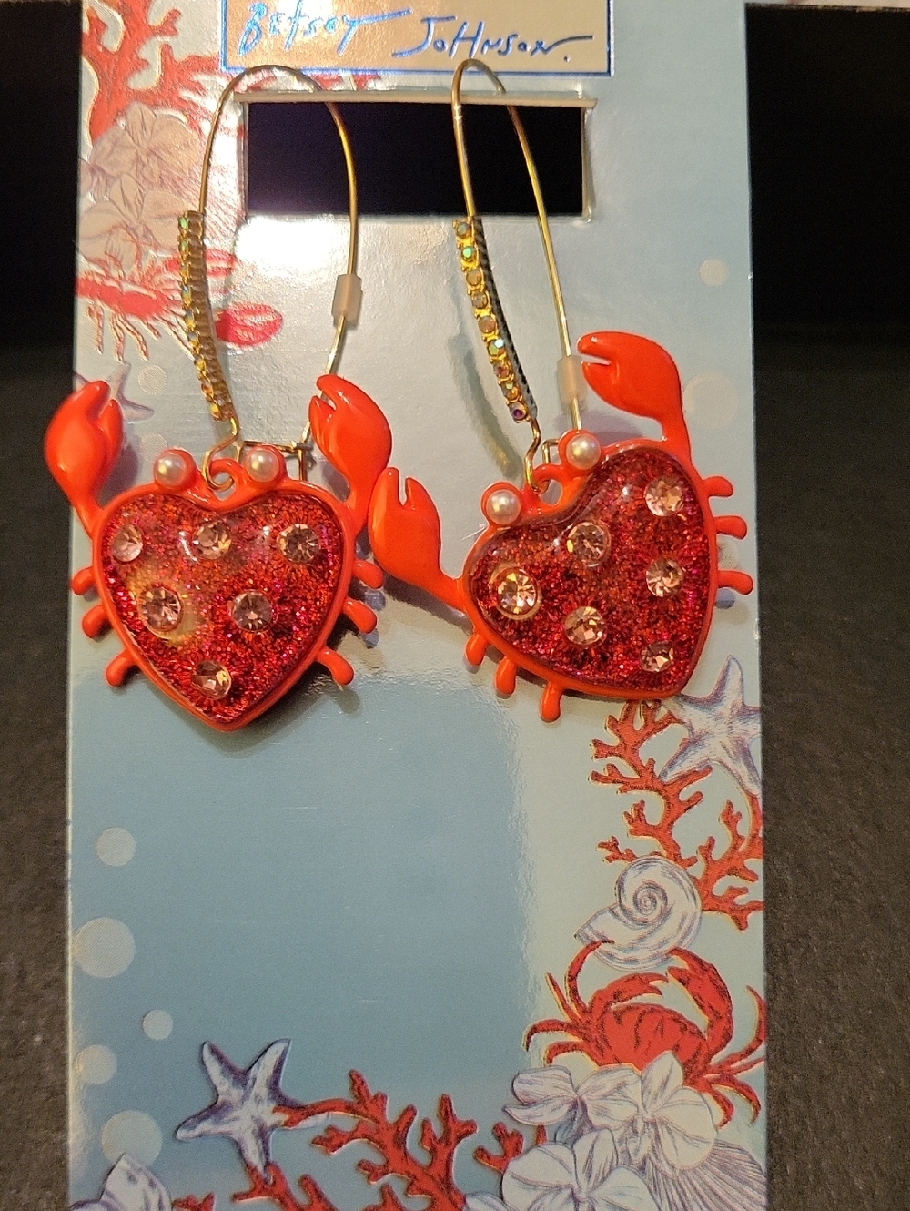 Betsey Johnson Red Heart Crab Drop Earrings with Glitter Crystals Ta th